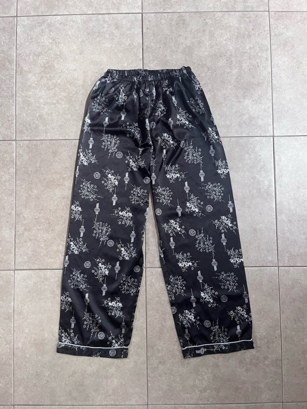 Alexander Del Rossa Lounge Pajama Pants M Black Oriental Satin Dragons Lanterns